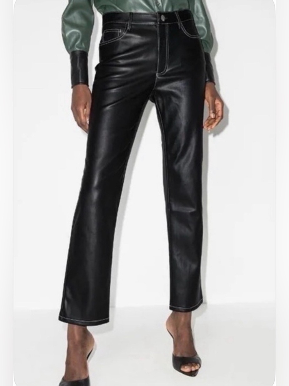 NWOT STAUD Black Faux Leather Contrast Stitch Straight Leg Pants Size 6